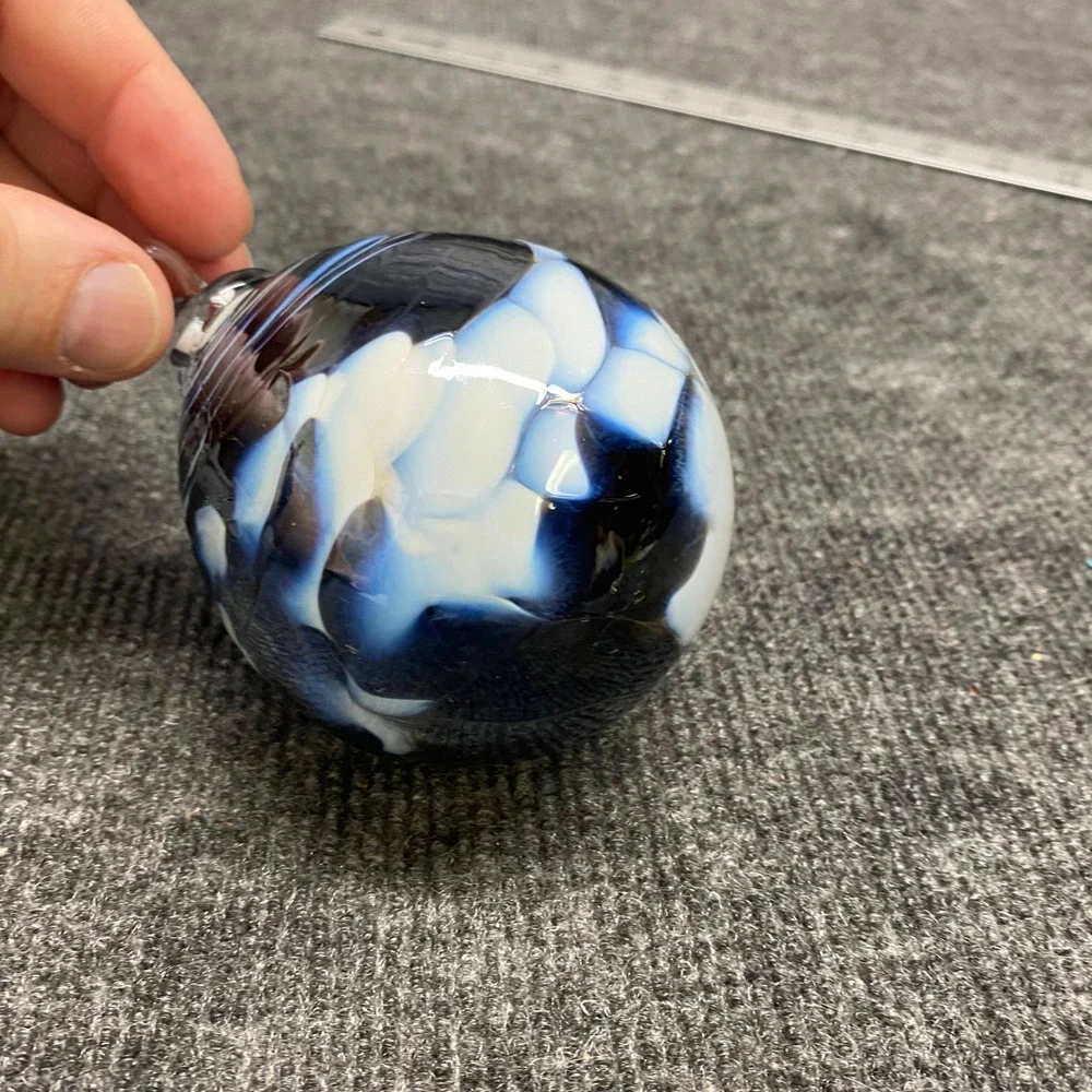 Hand Blown Art Glass Ornament Blue White Swirl Marbled Round 3 Inch Ball